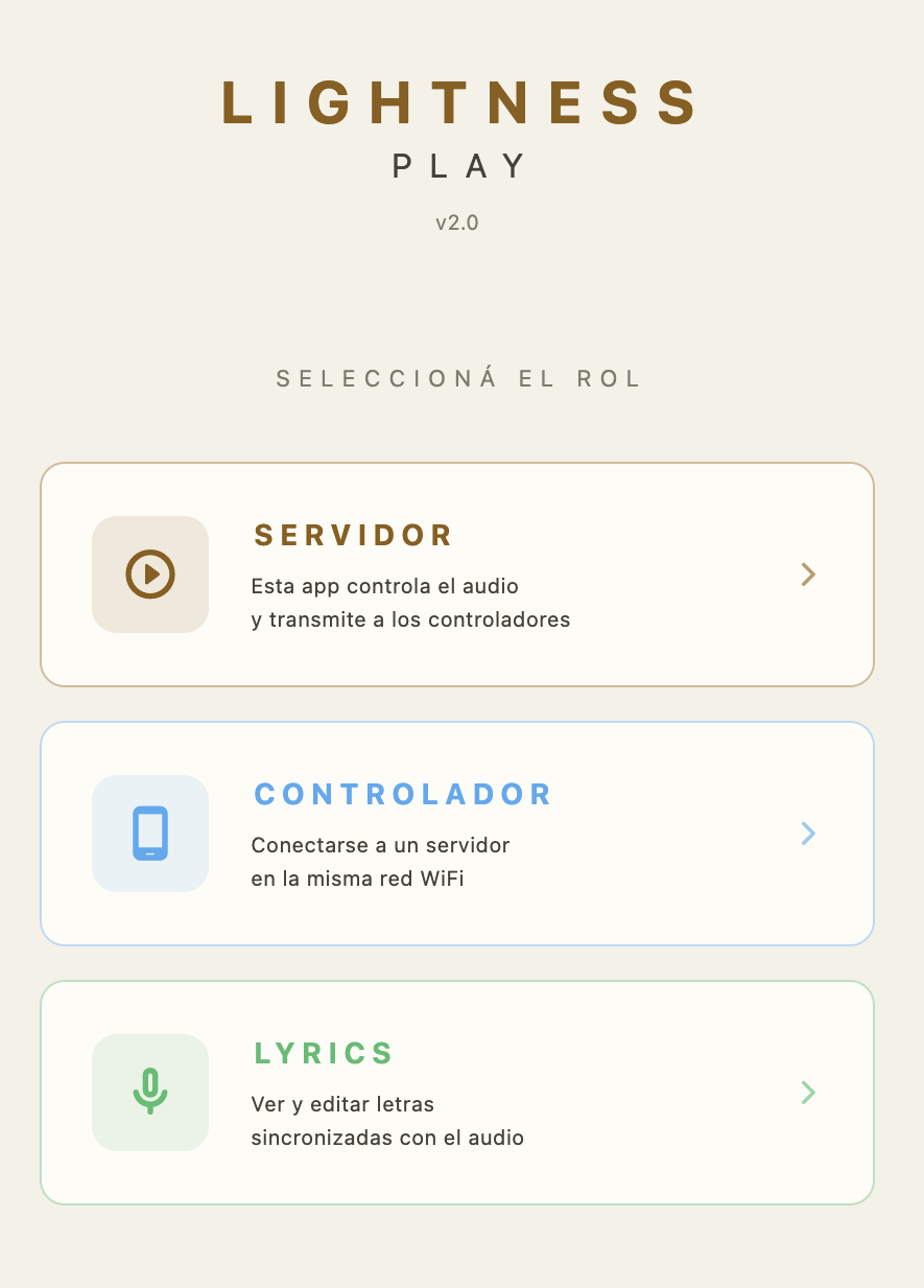 Pantalla de selección de rol en Lightness Play
