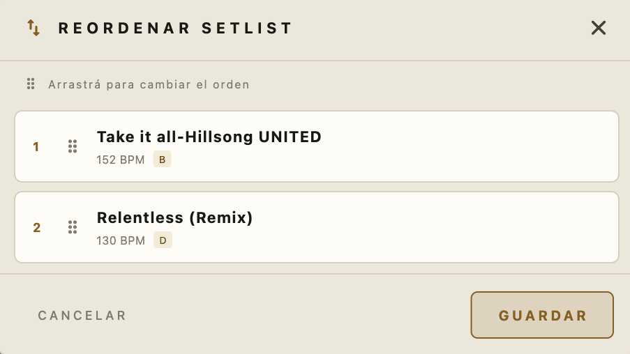 Pantalla para reordenar canciones del setlist