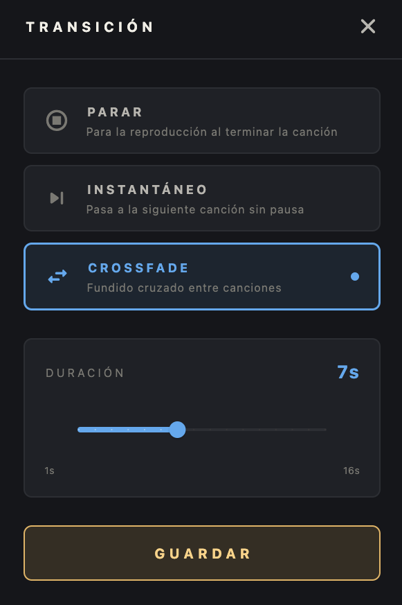 Configuración de transiciones entre canciones — Crossfade