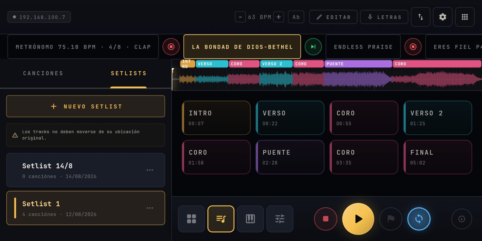 Pantalla de setlists con la lista de canciones y las secciones de la canción activa